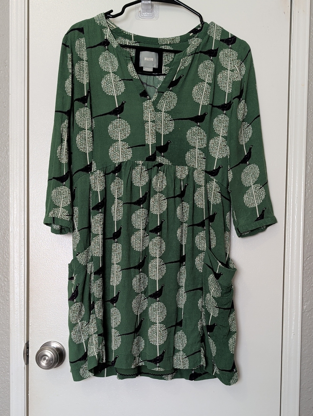 Maeve Anthropology Forest Green Bird-Print Midi Dress Size XS